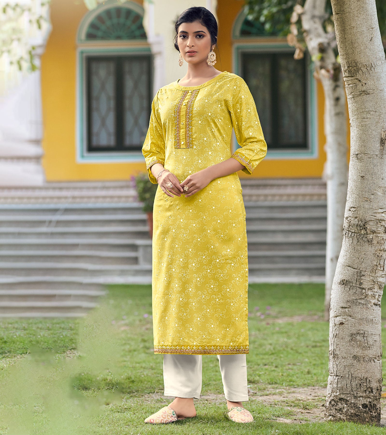Yellow long kurti with bijiya gotta – Thread & Button
